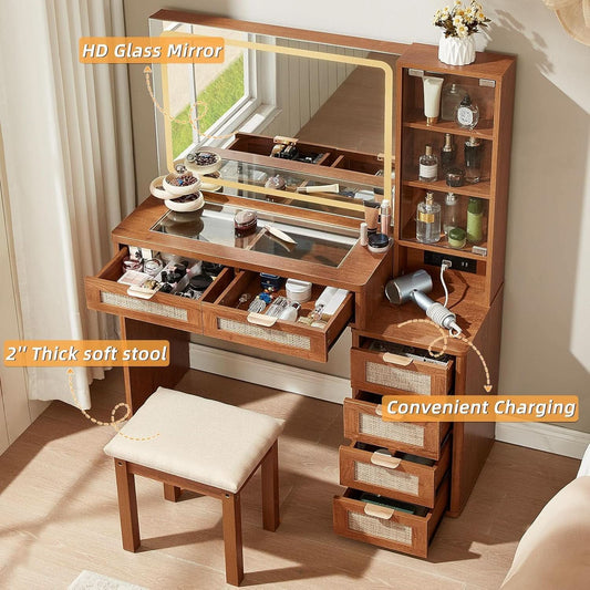 Rattan Vanity Desk 43.5-Inch With Illuminated Mirror. Mesa de Maquillaje, mesas para dormitorios