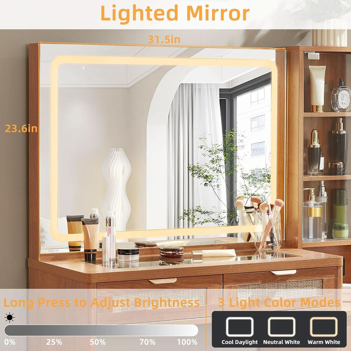 Rattan Vanity Desk 43.5-Inch With Illuminated Mirror. Mesa de Maquillaje, mesas para dormitorios