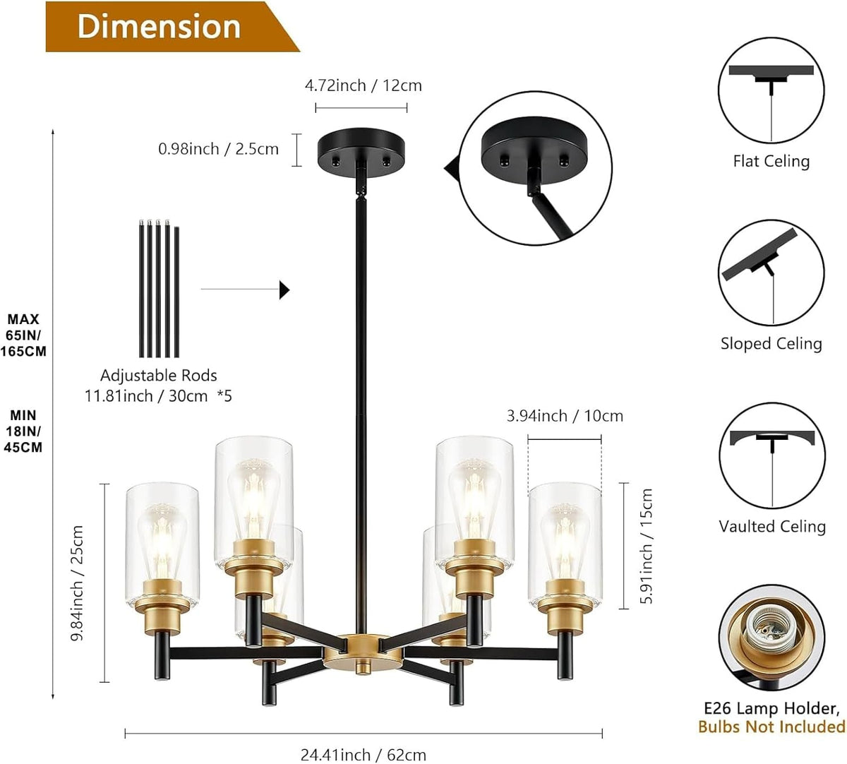 Six Light Black Gold Chandelier Fixture Clear Glass Shades