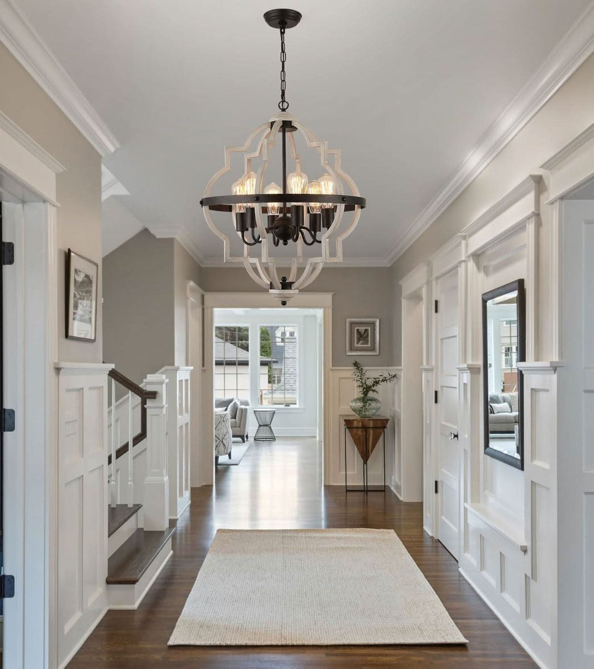 Industrial Oak Finish Farmhouse Chandelier Six Light