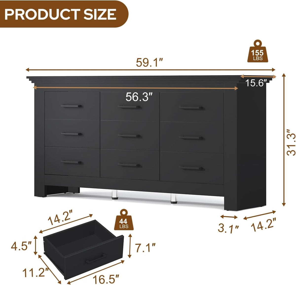 Black Vintage Ornate Solid Wood Dresser With Nine Drawers. Armario, Gavetero, Comoda, organizador