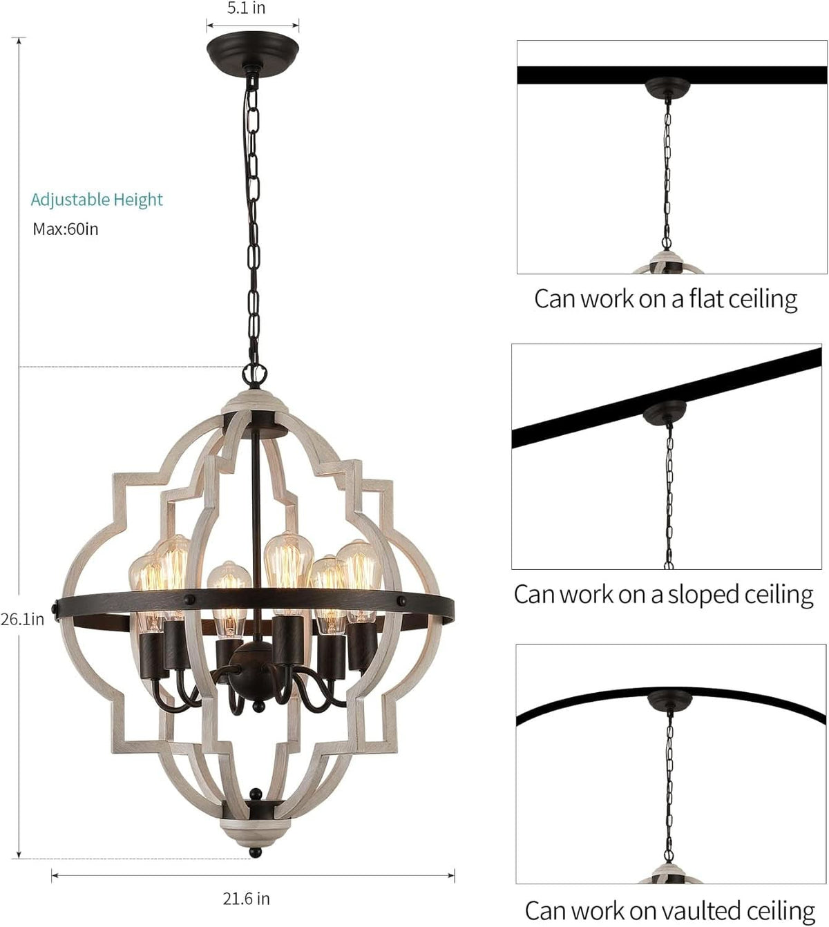 Industrial Oak Finish Farmhouse Chandelier Six Light