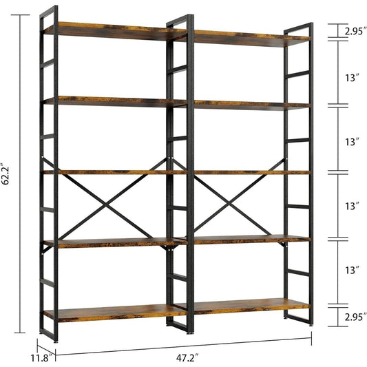 Pair Of 5 Shelf Bookcases Rustic Brown Industrial Tall