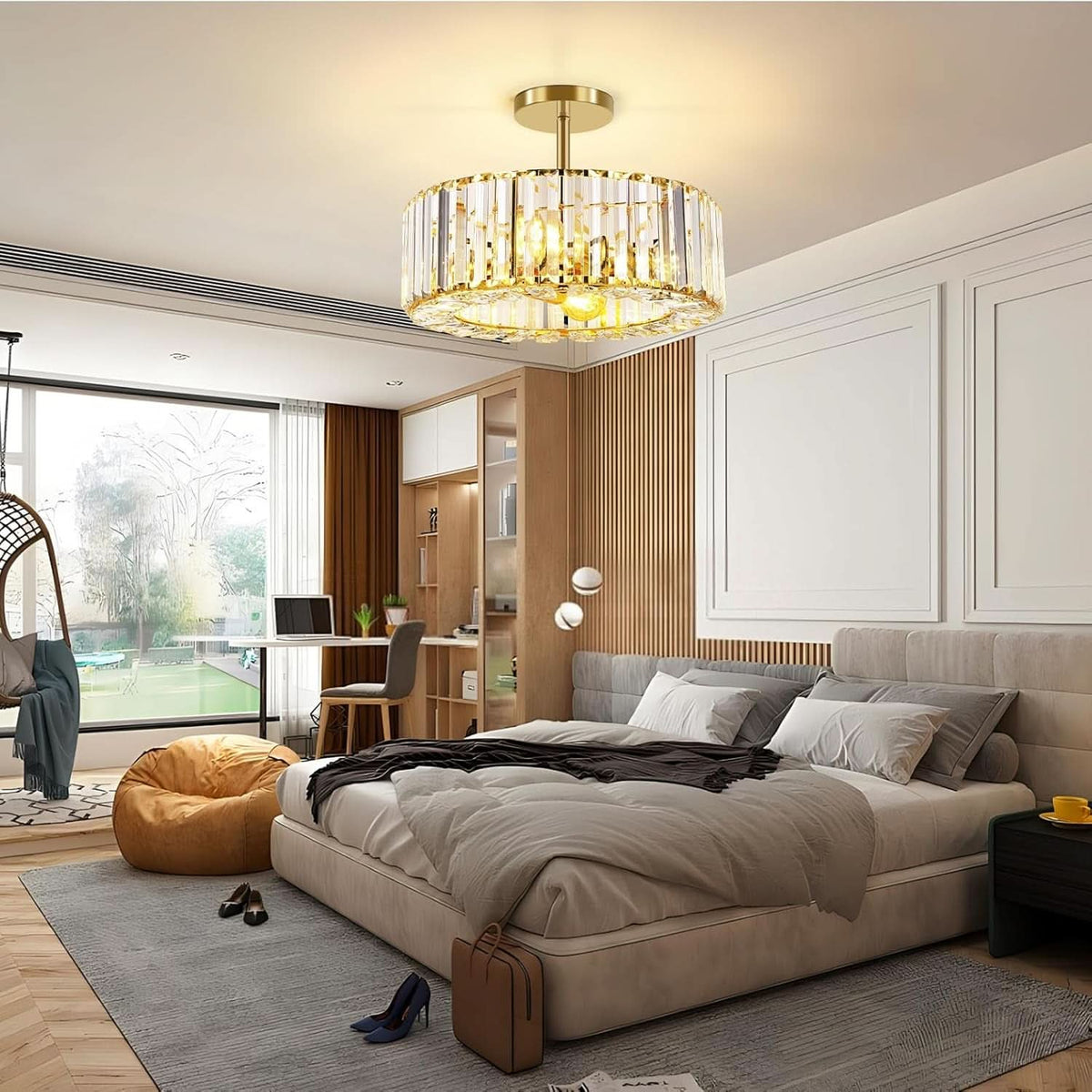 Gold Crystal Ceiling Light 14 Inch Contemporary Style