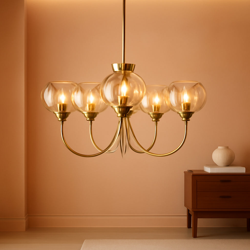 Translucent Amber Glass Five Light Globular Chandelier