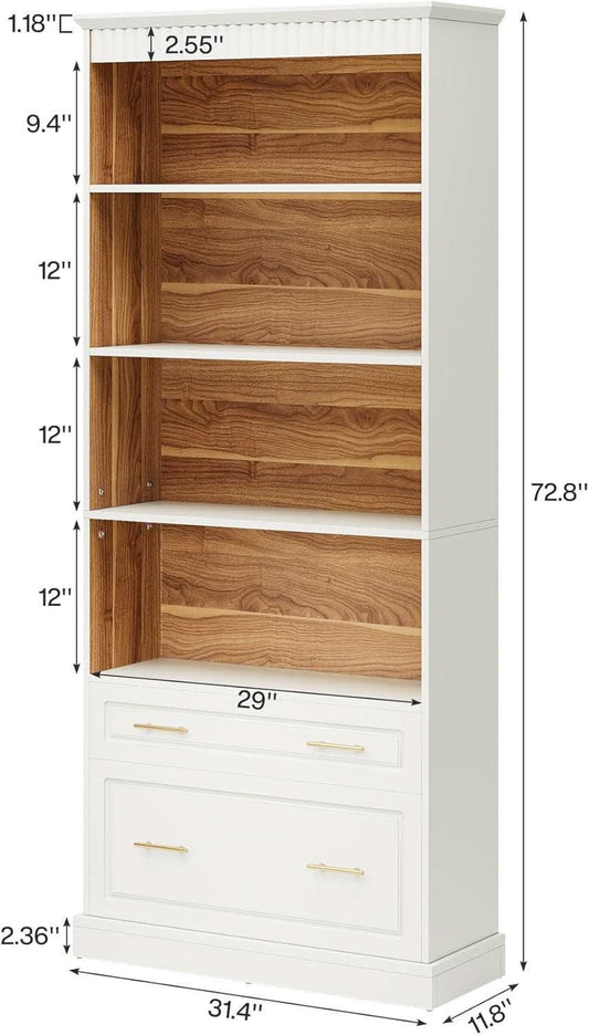 White Freestanding 72 Inch Bookcase With File Cabinet