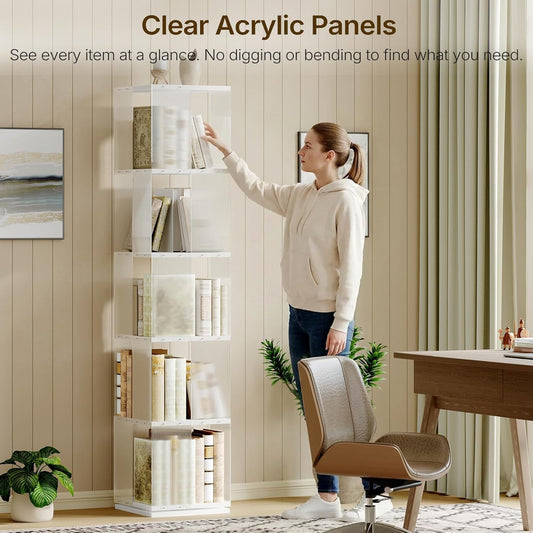 5-Tier Rotating Bookshelf With Clear Acrylic Panels