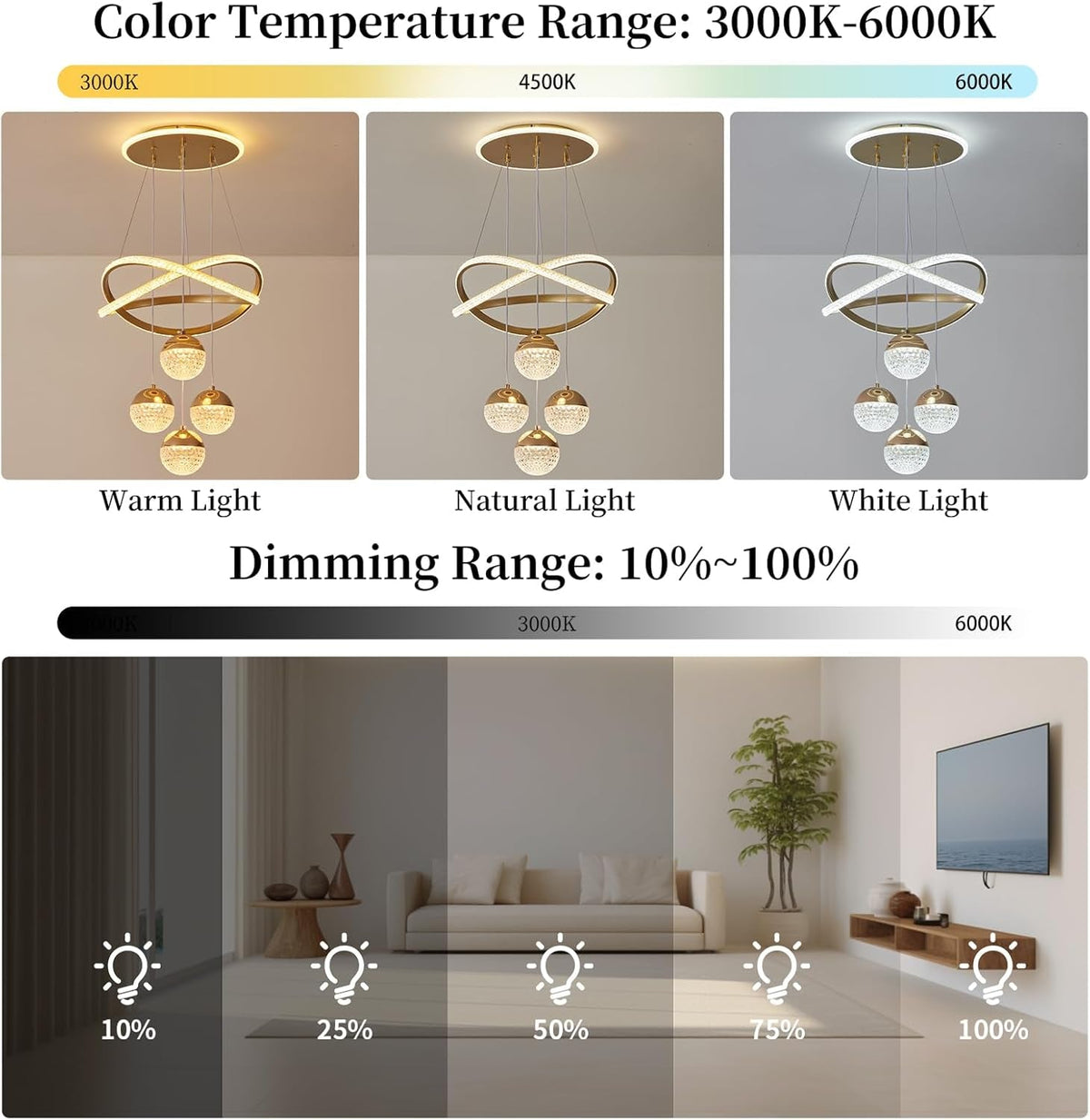 Gold Chandeliers Pendant Light Dimmable Three Color