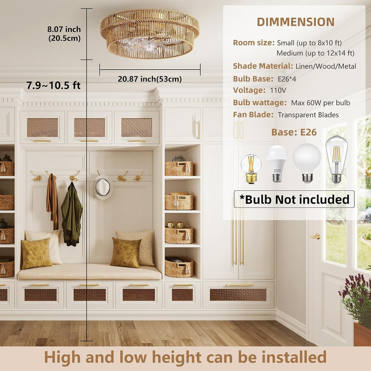 Brown Rattan Flush Mount Ceiling Fan Integrated Remote
