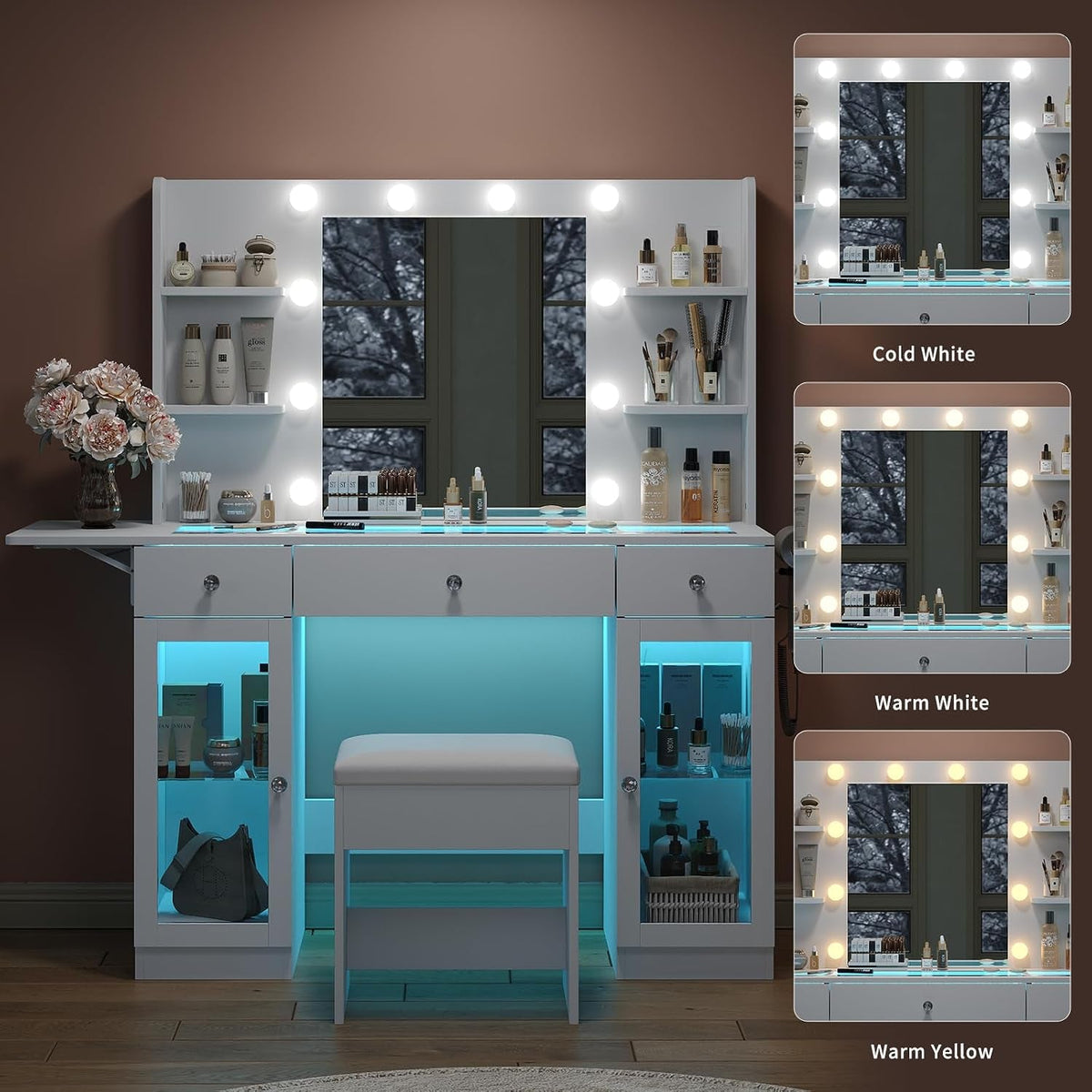 White Makeup Vanity Desk Station With RGB Illumination