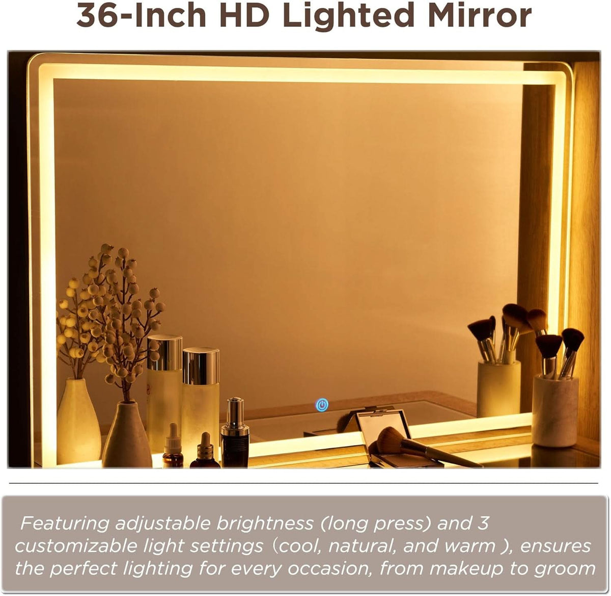 Forty EightI nch Fluted Vanity Desk Natural Oak Mirror