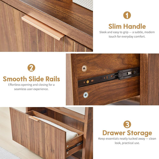 Walnut 70-Inch Freestanding Arched Bookcase Fluted Drawer