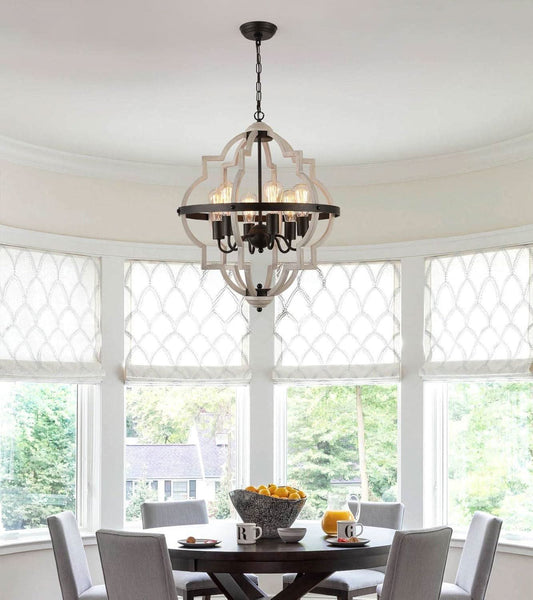 Industrial Oak Finish Farmhouse Chandelier Six Light