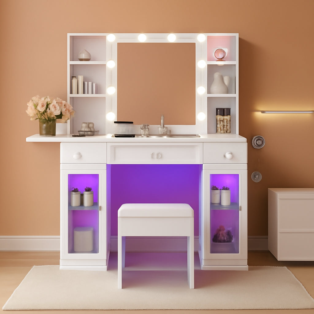 White Makeup Vanity Desk Station With RGB Illumination