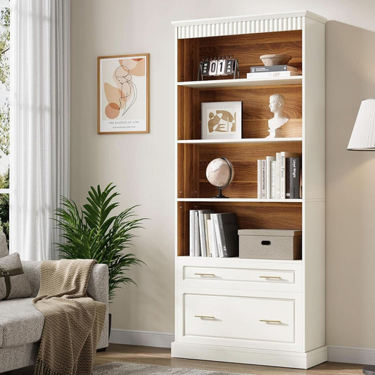 White Freestanding 72 Inch Bookcase With File Cabinet